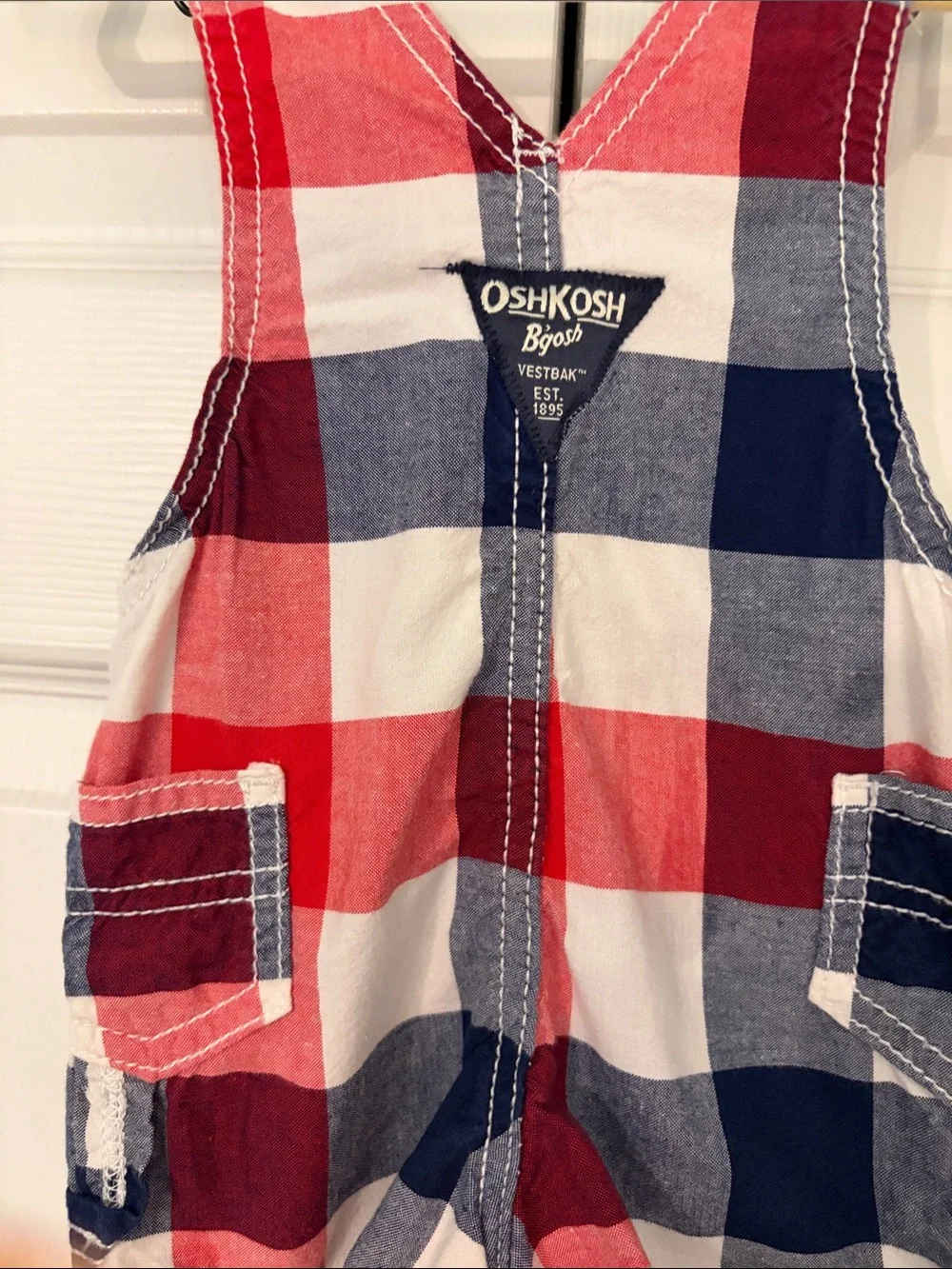 OshKosh B'gosh Red, White& Blue Plaid Short Overalls Adorable! 3 Months EUC